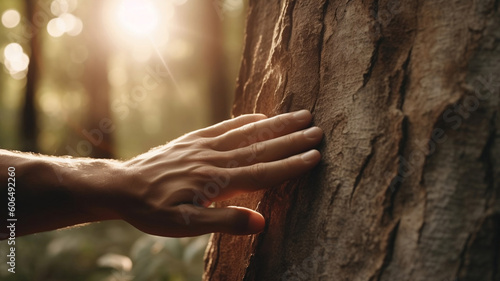 Close up of human hand touching tree trunk with sunlight in forest. Concept of concern for nature and the environment.AI Generate