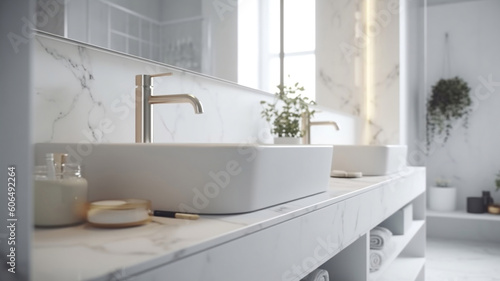 Modern bathroom interior with white marble walls, tiled floor and double sink.AI Generate