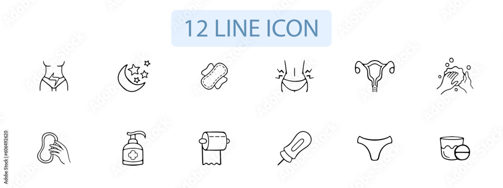 Menstruation icon set. Period products, menstrual cycle, feminine hygiene, pads, tampons. Menstrual concept. Vector 12 line icon