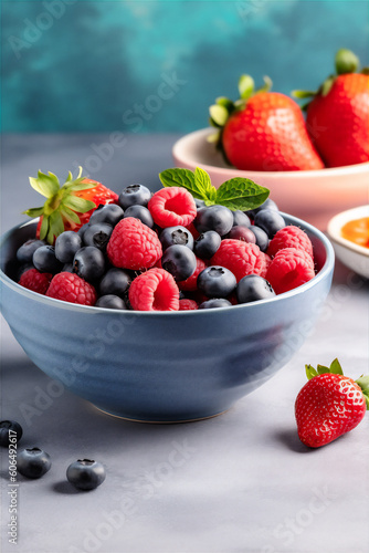 AI generative image of vibrant fruit bowl with raspberry  blueberry and strawberry