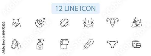 Menstruation icon set. Period products, menstrual cycle, feminine hygiene, pads, tampons. Menstrual concept. Vector 12 line icon