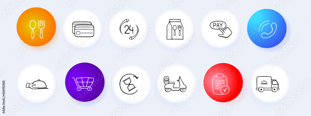 Food delivery icon set. Delivery person, food package, restaurant, online ordering, fast delivery. Contactless delivery concept. Vector line icon for Business Food delivery icon set. Delivery person, food package, restaurant, online ordering, fast delivery. Contactless delivery concept. Vector line icon for Business