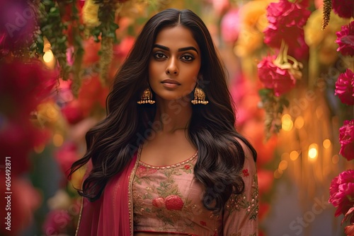 portrait of a beautiful Indian girl in a garden full of flowers Cinematic light generative ai