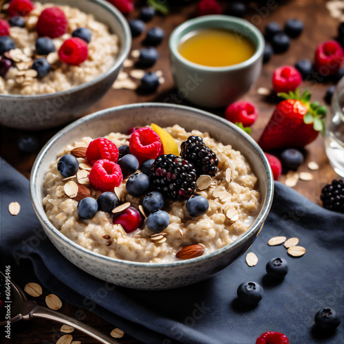 AI generative image of breakfast table with oatmeal with fresh berries and fruit