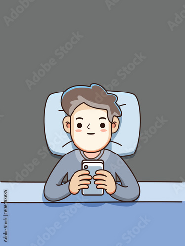 A man is using his phone on his bed. Isolated Vector Illustration