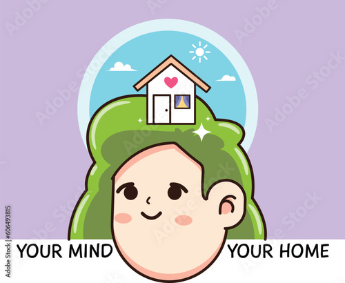 A house on top of a female head. Isolated Vector Illustration
