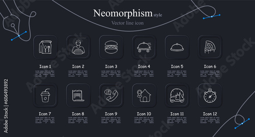 Food delivery icon set. Delivery bag, restaurant, fast food, mobile app, online ordering, tracking. Courier concept. Neomorphism style. Vector line icon for Business
