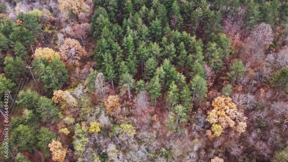 Aerial view of old hotel on the mountain Vodno overlooking the city of Skopje capital of North Macedonia. Forest in autumn. Aerial view of old hotel on the mountain Vodno overlooking the city of Skopje capital of North Macedonia. Forest in autumn.