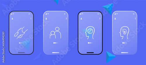 Set of icons representing personal development. Growth  self-improvement  learning. Knowledge concept. Glassmorphism. UI phone app screen. Vector line icon for Business
