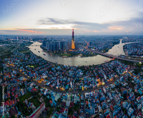 Vietnam. Ho Chi Minh City 2021 Aerial View of Ho Chi Minh City Skyline during sunset with buildings that develop along the Saigon River 