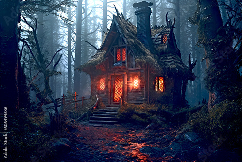Magic house where evil lives in a magical forest. Generative AI.
