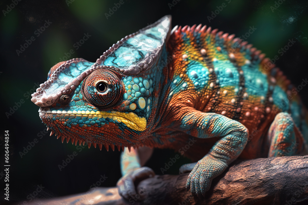Obraz premium Image of side view of a beautiful colorful chameleon on a branch on natural background. Wildlife Animals. Reptile, illustration. Generative AI.