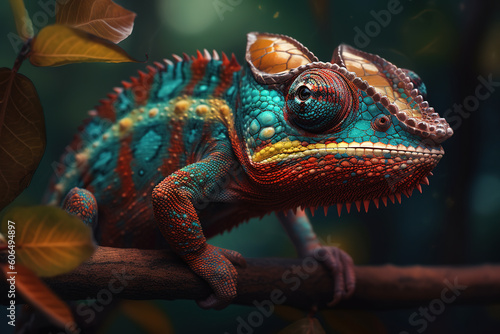 Image of side view of a beautiful colorful chameleon on a branch on natural background. Wildlife Animals. Reptile  illustration. Generative AI.