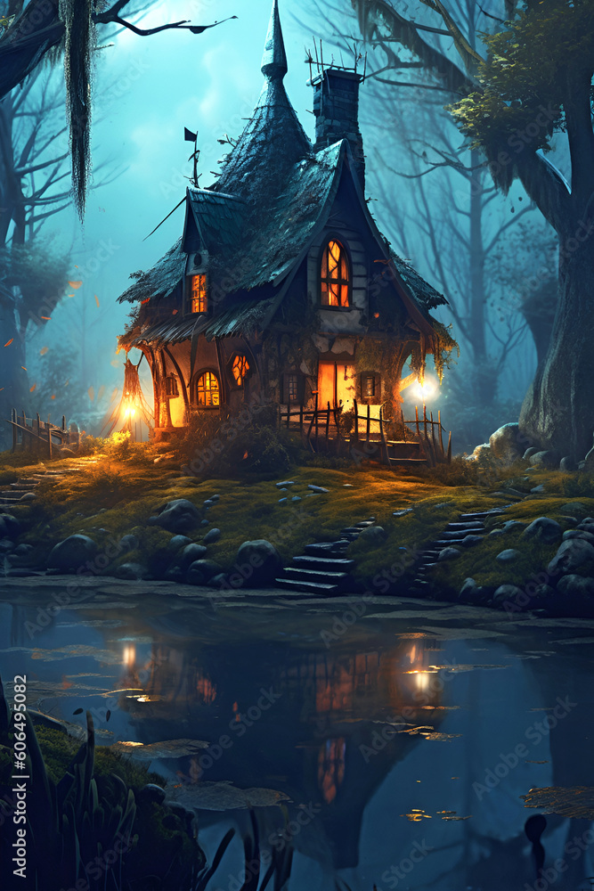 Magic house where evil lives in a magical forest. Generative AI. Magic house where evil lives in a magical forest. Generative AI.