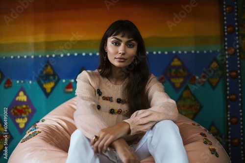Pretty Indian woman with beautiful smile wearing a white knit top and leather pants generative ai