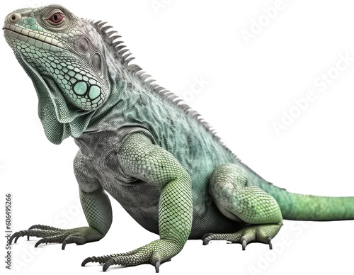 Close up portrait of a green iguana isolated on a white background as transparent PNG  generative AI animal