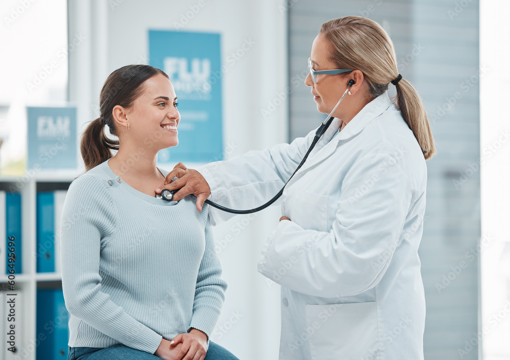 Ταπετσαρία Healthcare, doctor exam with woman patient and consultation with stethoscope at a hospital