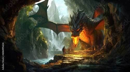 Breathtaking dragon's lair hidden deep within a mountain, featuring hoards of treasure, ominous caverns, and a majestic dragon guarding its realm