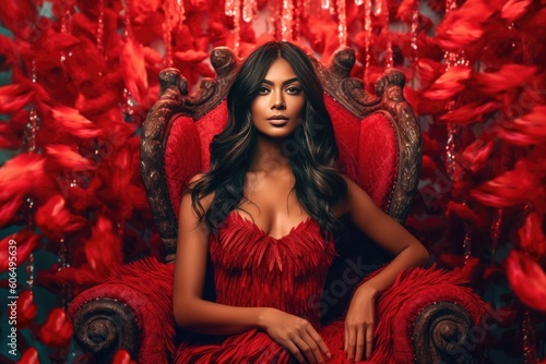 stunning image features an Indian female
model in a red short dress with a cute and youthful vibe generative ai