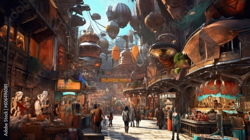 Bustling marketplace on an alien planet  filled with exotic alien species  bizarre goods  and vibrant colors  creating a sense of wonder and cultural diversity