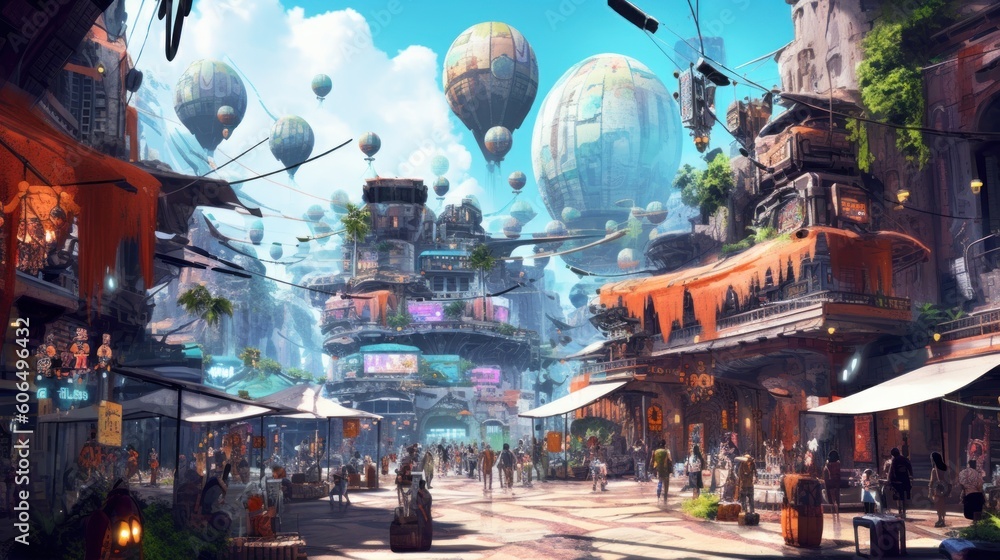 Bustling marketplace on an alien planet, filled with exotic alien species, bizarre goods, and vibrant colors, creating a sense of wonder and cultural diversity - obrazy, fototapety, plakaty 