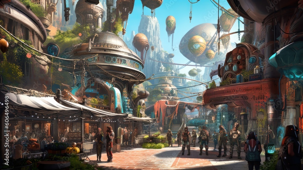 Bustling marketplace on an alien planet, filled with exotic alien species, bizarre goods, and vibrant colors, creating a sense of wonder and cultural diversity Bustling marketplace on an alien planet, filled with exotic alien species, bizarre goods, and vibrant colors, creating a sense of wonder and cultural diversity