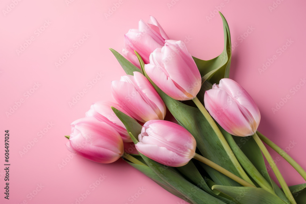 Bouquet of pink tulips on pink background. Mothers day, Valentines Day, Birthday celebration concept. Greeting card. Copy space for text, top view. Generative ai Bouquet of pink tulips on pink background. Mothers day, Valentines Day, Birthday celebration concept. Greeting card. Copy space for text, top view. Generative ai