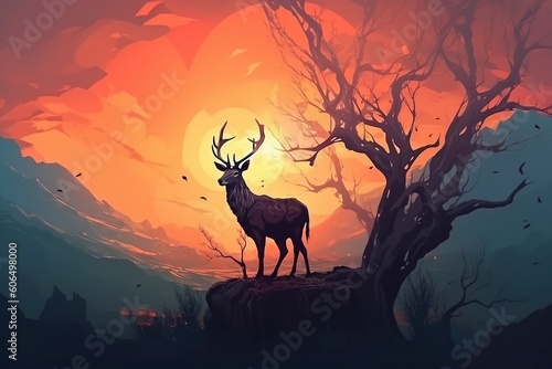 illustration  the deer standing on a giant branch  ai generative