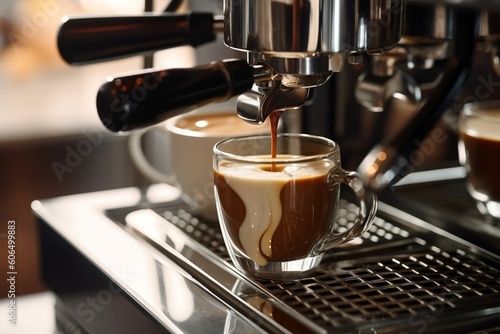Close-Up Espresso Pouring from Coffee Machine: Professional Coffee Brewing. AI