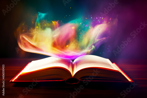 Open book on table with colorful light coming out of it. Generative AI.