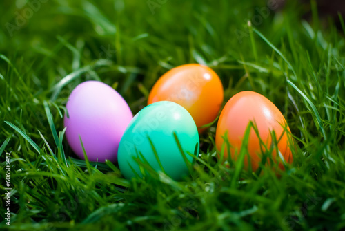 Group of colorful eggs sitting on top of green grass covered field. Generative AI.