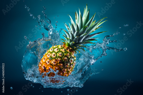 Pineapple splashing into the water with splash of water on it. Generative AI.