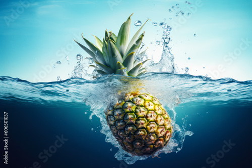 Pineapple floating in the water with splash of water around it. Generative AI.