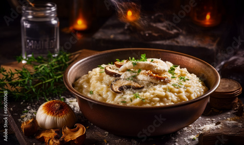 Bowl of mashed potatoes with mushrooms and parsley on the side. Generative AI.