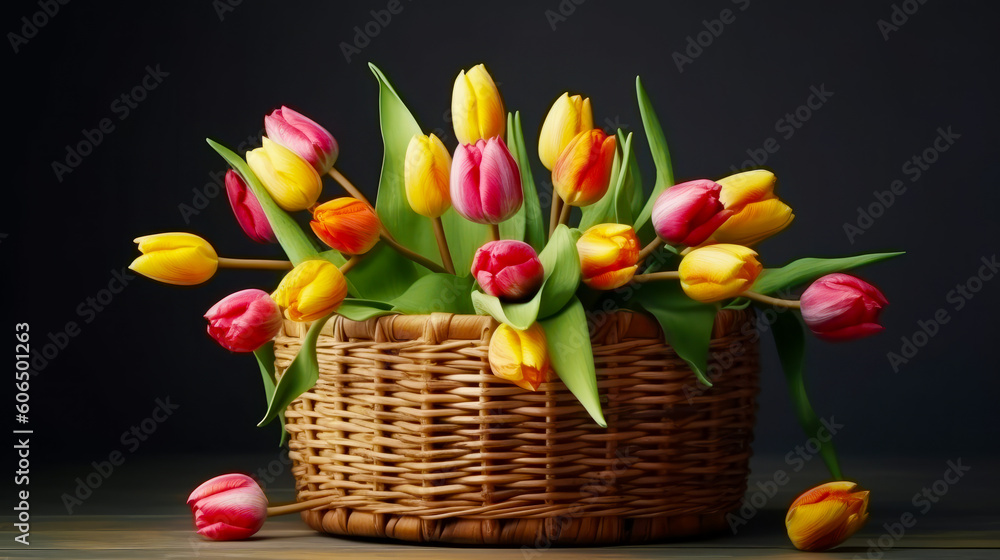 Basket filled with lots of colorful tulips on top of table. Generative AI.