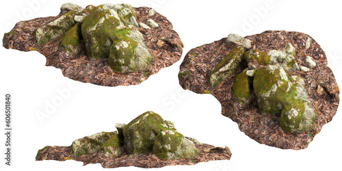 3d illustration of moss covered rocks, set on dry leaves isolated on transparent background