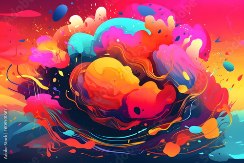 Abstract image with bright colors and splashes of paint on black background. Generative AI.