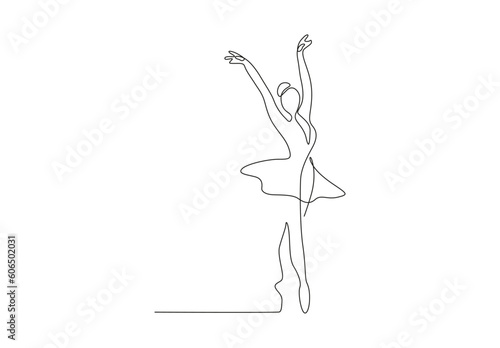 Ballet dancer in continuous line art drawing style. Ballerina black line sketch on white background. Vector illustration.