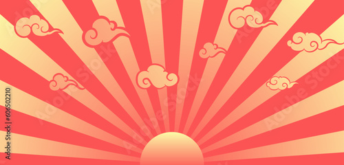 Retro Sunburst with Chinese Clouds