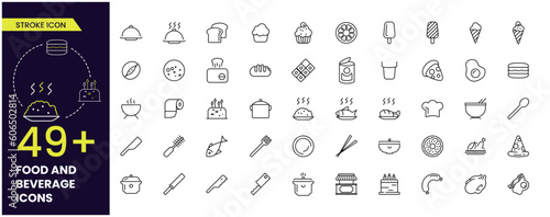 Food and Beverage Thin line icons set such as menu options, bread, meat and shop. Editable vector stroke 49+ icons