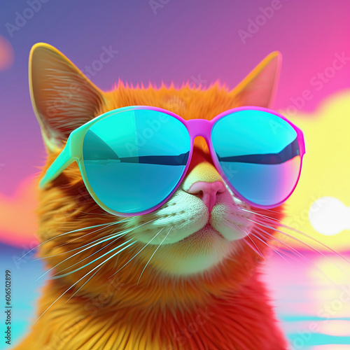 Cat in sunglasses on neon ocean beach background. Pop art style portrait. Generative AI