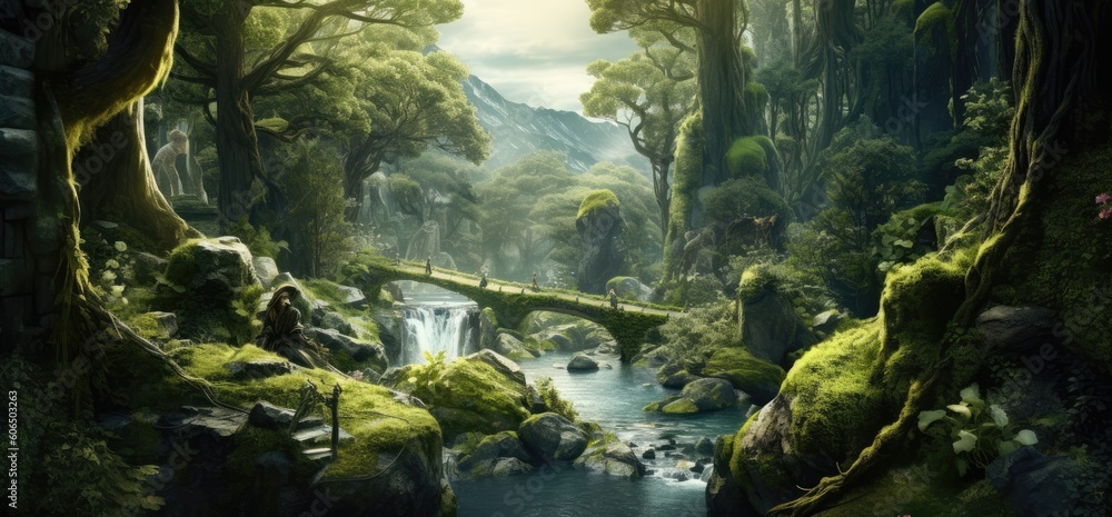 Fototapeta premium Fantasy World Landscape Background. Banner teeming with Surreal Scenes. Vibrant Colors, Imaginative Elements. Mystic Structures amidst Magic Atmosphere. Dreamlike Environment of Ethereal Beauty, an AI