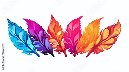 red and yellow feathers  pride  design elements  frames  calligraphic. Vector floral illustration with branches  berries  feathers and leaves. Nature frame on white background