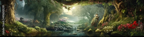 Fantasy World Landscape Background. Banner teeming with Surreal Scenes. Vibrant Colors  Imaginative Elements. Mystic Structures amidst Magic Atmosphere. Dreamlike Environment of Ethereal Beauty  an AI