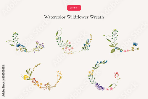 Watercolor wildflower wreath set. Vector botanical illustration. Delicate meadow flowers and leaves.