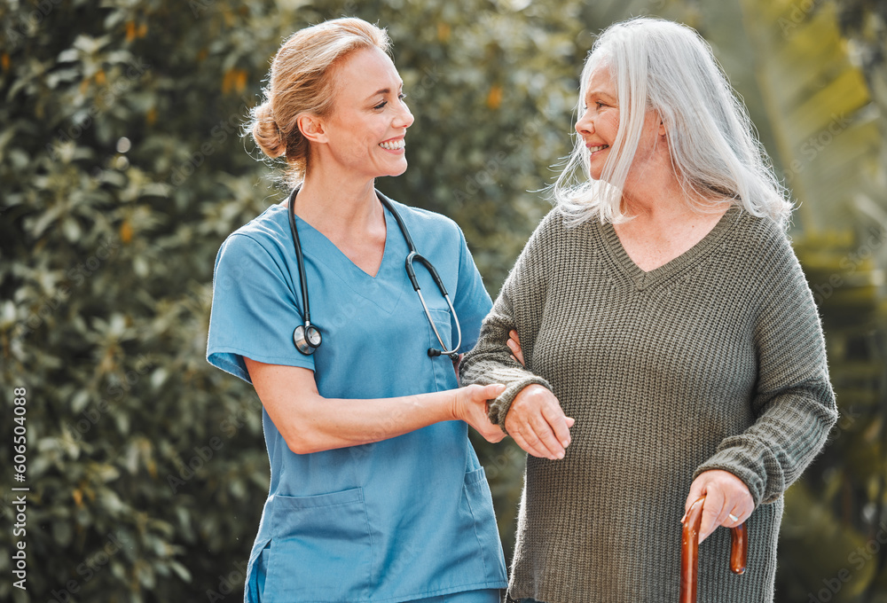 Φωτογραφία Support, care and caregiver walking senior woman in a garden to relax, wellness and morning exercise in the lawn