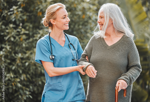 Support, care and caregiver walking senior woman in a garden to relax, wellness and morning exercise in the lawn. Trust, nursing home and nurse help elderly person happy and smile for an outdoor walk photo