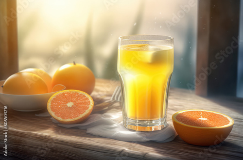 a orange drink with leaves and slices with blue sky, generative AI
