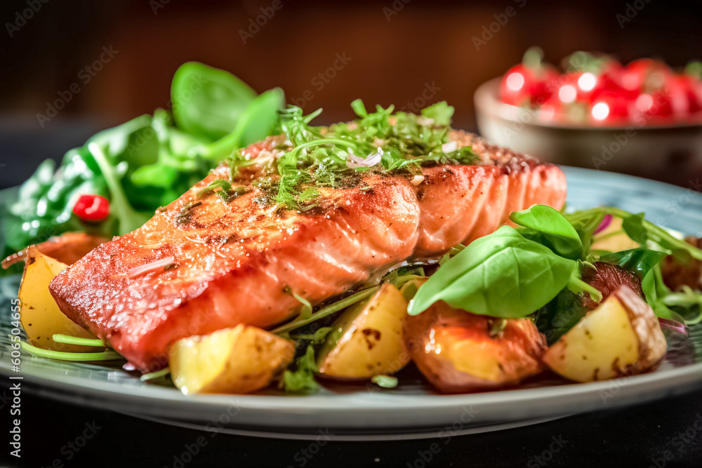Closeup Fried Salmon Steak with vegetables and basil on wooden table. Healthy concept, gluten free. Closeup Fried Salmon Steak with vegetables and basil on wooden table. Healthy concept, gluten free.