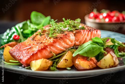 Closeup Fried Salmon Steak with vegetables and basil on wooden table. Healthy concept, gluten free. 